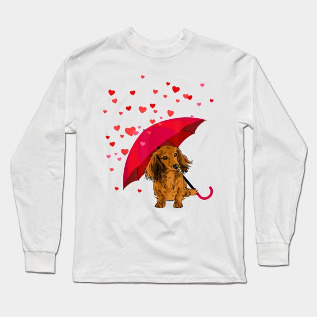 Long Hair Dachshund In Raining Heart Valentine Long Sleeve T-Shirt by Xamgi